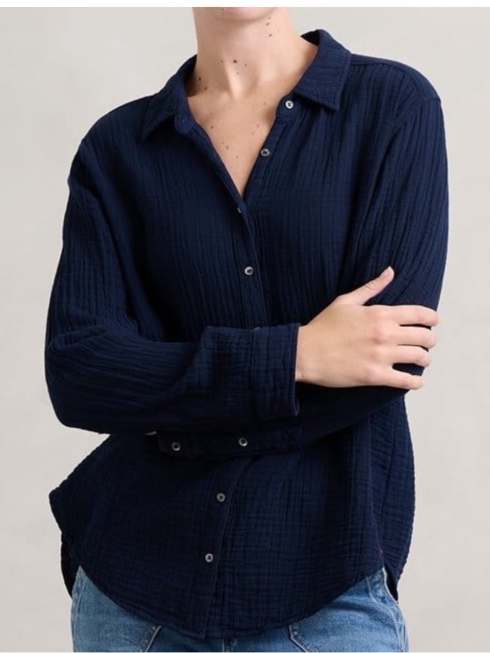 Xirena Scout Top Chelsea Gauze Button Down Collared Shirt Navy Blue Women Large
